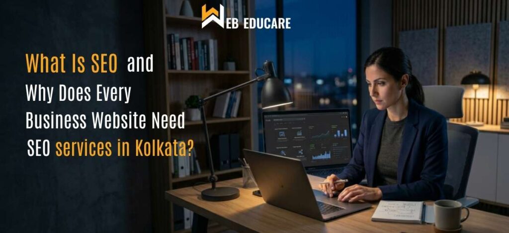 Business owner reviewing SEO services in Kolkata on a laptop