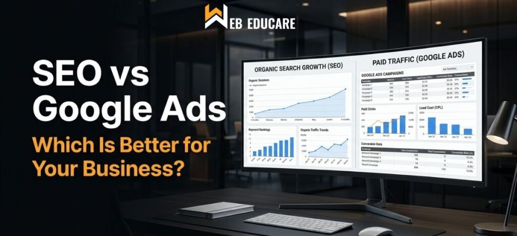 SEO or paid ads comparison showing organic growth, paid traffic, lead costs, and business results