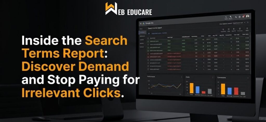 Search Terms Report showing clicks, costs, and negative keywords