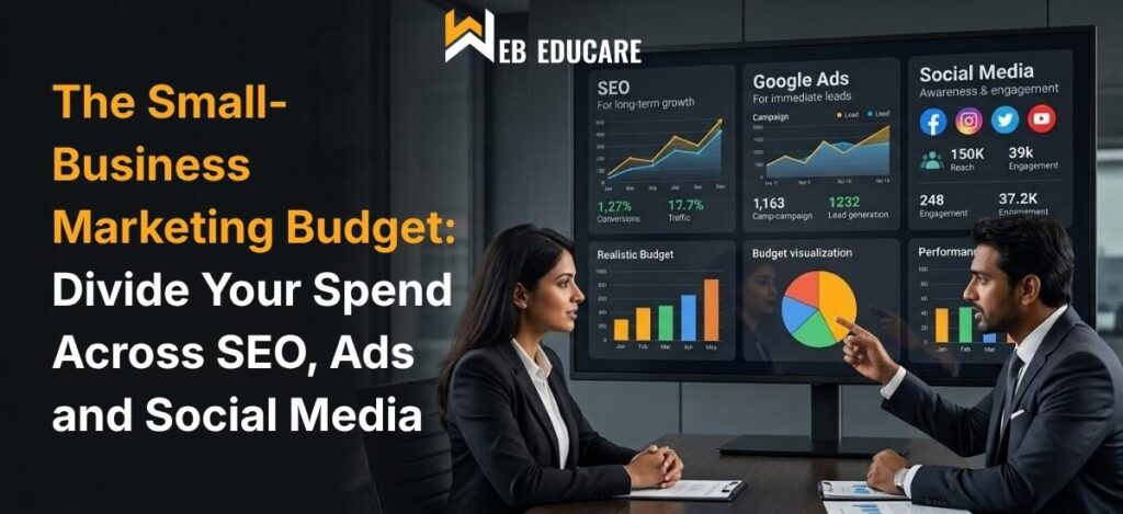 Marketing Budget split across SEO, ads, social media, and website
